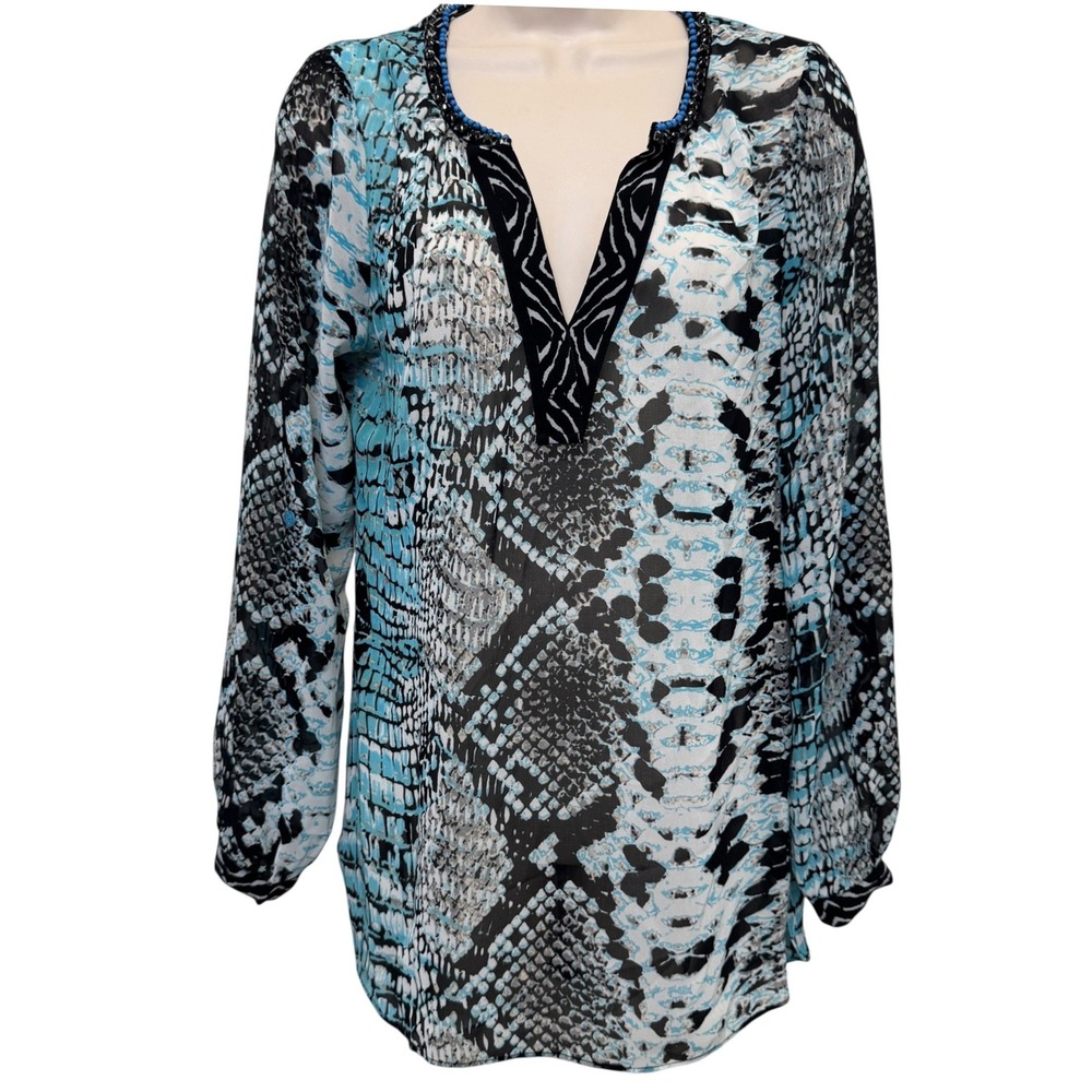 Hale Bob Womens Tunic XS Blue Snakeskin Sheer Beaded Coverup V-Neck Resort Boho